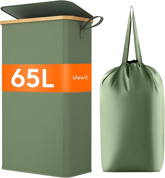 Lifewit 65L Slim Laundry Hamper with Lid, Narrow Laundry Basket with Removable Bag & Bamboo Handles, Fodable Thin Dirty Clothes Hamper for Laundry Collapsible Bin for Bathroom Bedroom Dorm, Green