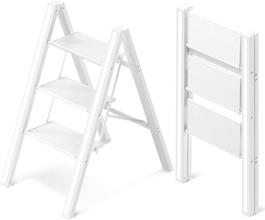 3 Step Ladder, Aluminum Folding Step Stool with Anti-Slip Sturdy and Wide Pedal, Lightweight Portable Stepladder for Home and Kitchen Use Space Saving, Cream White, 330 lbs