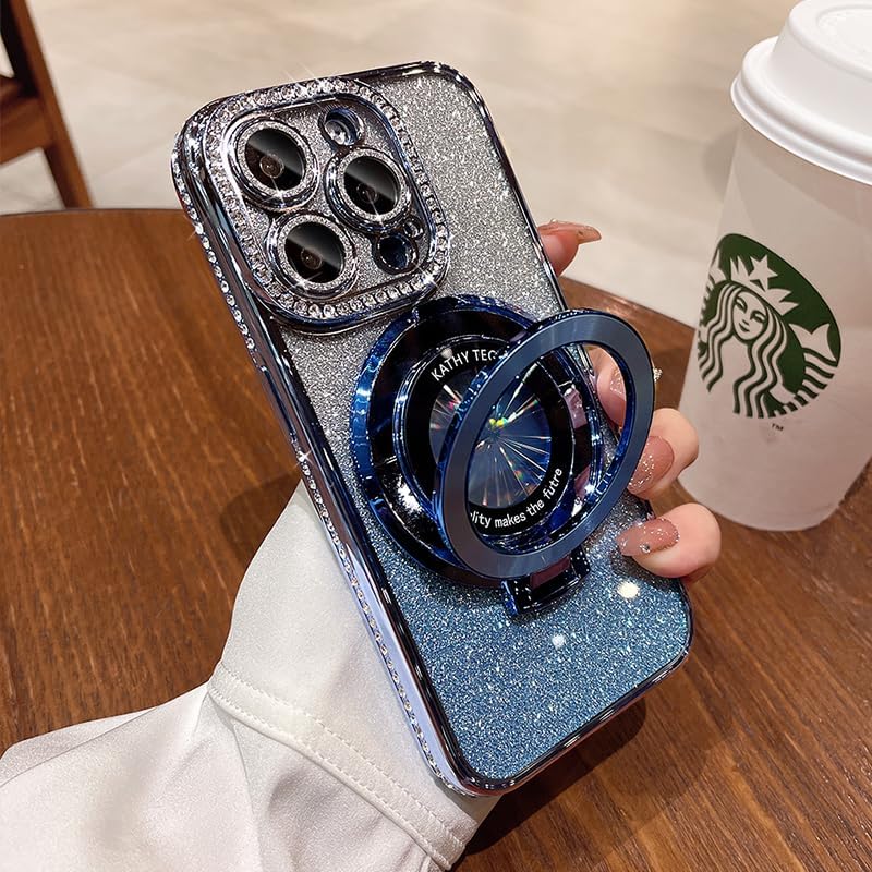Magnetic Kickstand (Glitter Lens Protector ) Case for IPhone 15 14 13 12 Pro Max (Compatible with Magsafe ) Sparkling Diamond Cover Glitter Shiny Rhinestone Cases (Blue,for iPhone 13)