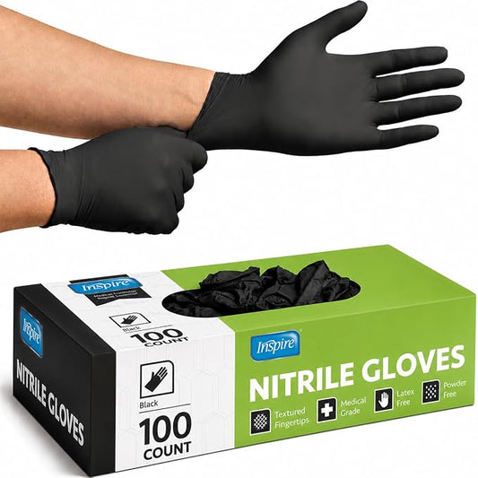 Inspire Black Nitrile Disposable Gloves | 4.5 Nitrile Disposable Safety Medical Cooking Cleaning Gloves