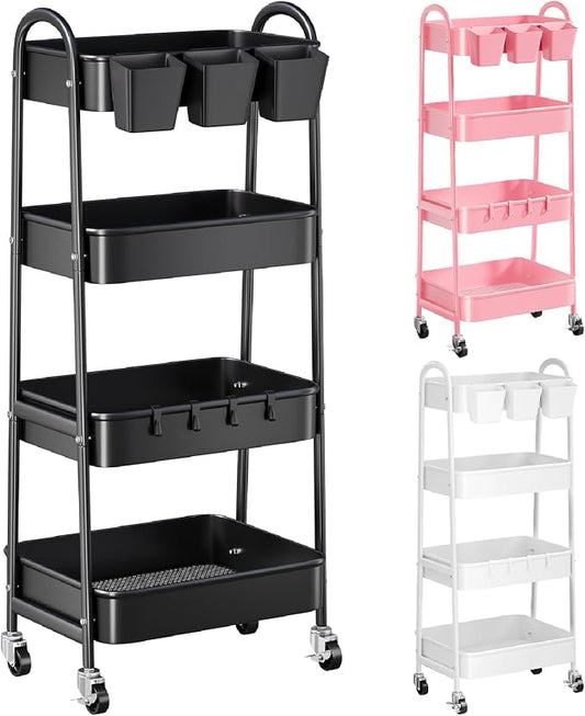 Black 4 Tier Rolling Cart Metal with Lockable Wheels, Four Tiered Tall Storage Rolling Cart on Wheels, Heavy Duty Utility Organizer Carts for Laundry, Kitchen, Dorm, Craft, Art, Snack,Mesh Basket,38in
