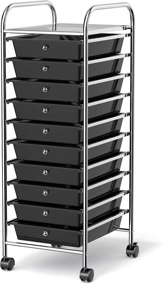 MEDIMALL 10 Drawers Rolling Storage Cart, Multipurpose Craft Storage Cart with Wheels, Mobile Tools Scrapbook Paper Organizer Cart for Office School Home Use (Black)