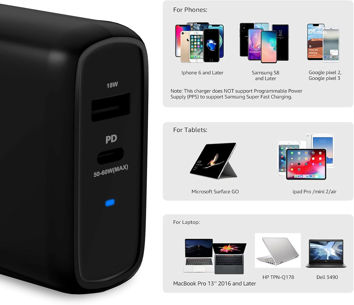 Amazon Basics 68W Two-Port GaN Wall Charger with 1 USB-C (60W) & 1 USB-A Ports (18W) with PD for Laptops, Tablets & Phones (iPhone 16/15/14/13/12/11/X, iPad, MacPro, Samsung, and more), Non-PPS, Black