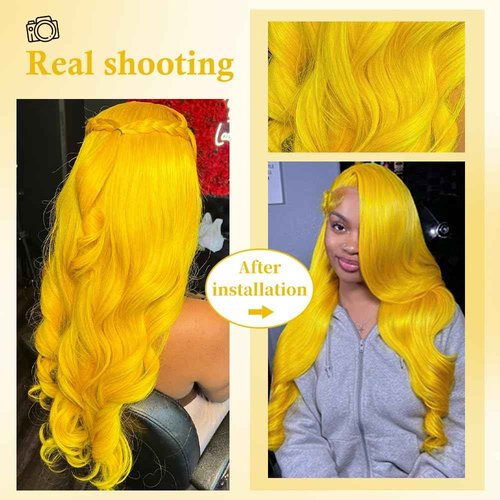 Gurdasa Yellow Wig Human Hair 13x4 Yellow Human Hair Wig 200 Density Body Wave Lace Front Wig Human Hair Colored Lace Front Wigs Pre Plucked with Natural Hairline HD Frontal Wigs for Parties 28 Inch
