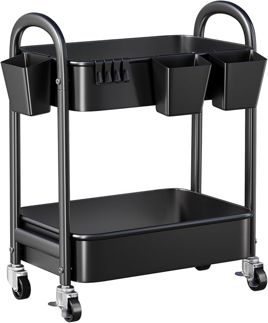 2 Tier Rolling Cart Metal on Wheels, Two Tiered Short Storage Side Table with Wheels, Heavy Duty Under Desk Mobile Trolley, Small Utility Organizer Carts for Craft, Art, Office, Kitchen, Black Basket