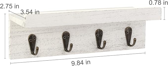 HRONRAD Rustic Key Holder for Wall, Farmhouse Wall Shelf with 4 Hooks, Wall Mounted Key Racks, Wooden Mail Organizer with Hooks for Entryway (White)