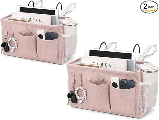 2pc Bedside Caddy Organizer with Hooks, No-Sagging Canvas Hanging Bed Pocket with Water Bottle Holder, Bedside Storage for Dorm Room Essentials, Bunk Bed Accessories, Hospital Bed Rails & Crib (pink)