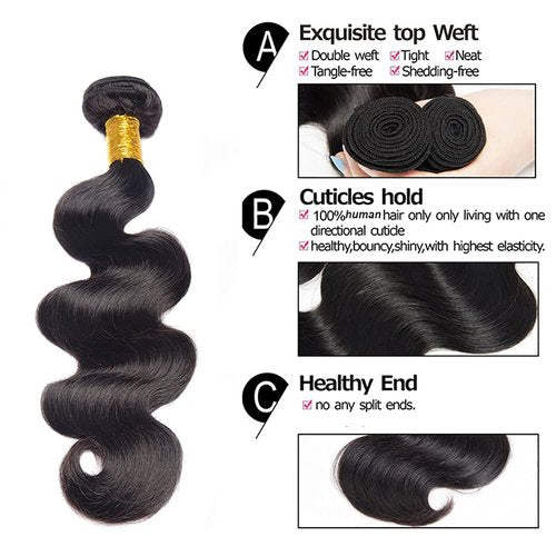Brazilian Body Wave Virgin with Lace Closure(16 18 20 with14 Closure) Human Hair Unprocessed Hair with Closure 4X4 Lace Natural Black Hair