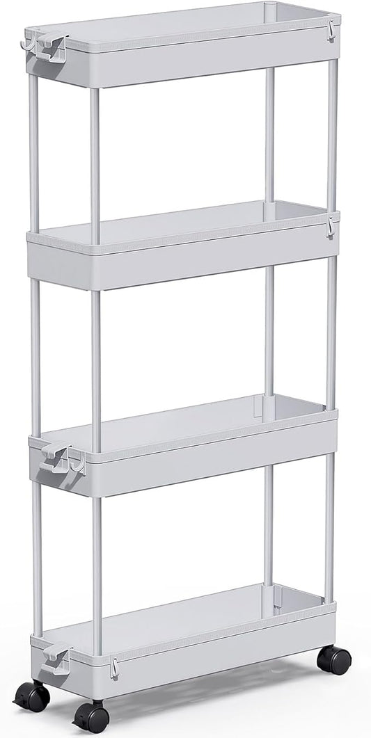 SPACEKEEPER Slim Rolling Storage Cart 4 Tier Bathroom Organizer Mobile Shelving Unit Storage Rolling Utility Cart Tower Rack for Kitchen Bathroom Laundry Narrow Places, Gray