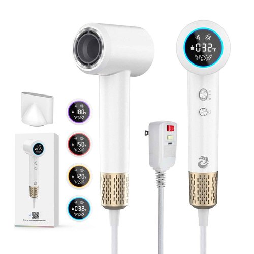 KARFUN Plasma Hair Dryer, 1500W High Speed Blow Dryer with Plasma Tech (Positive+Negative Ionic), LED Display, 5 Temps 2 Speed, Thermo-Control, Fast Drying Plasma Hairdryer for Home or Travel (White)