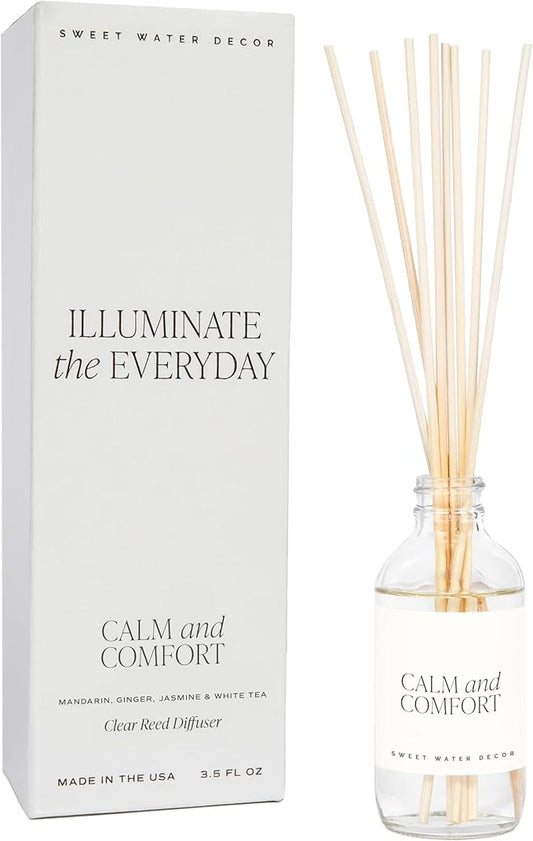 Sweet Water Decor Calm and Comfort Reed Diffuser Set | Mandarin, Ginger, Jasmine, White Tea Spa Scented Diffusers | Air Freshener | Housewarming Gift | Aromatic Stress Relief
