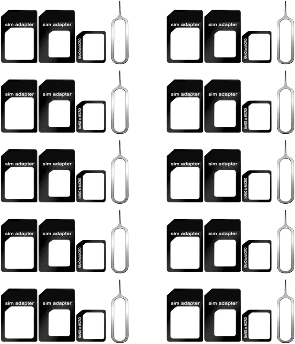 10 Pack SIM Card Adapter Kit, 4 in 1 Nano Micro Standard Converter Kit with Steel SIM Tray Eject Pin 1, Black