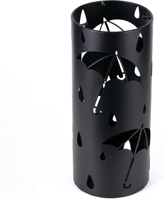 BEWBBAT Metal Umbrella Stand Rack for Entryway, Black Round Free Standing Umbrella Holder Organizer Bin with 3 Hooks for Walk Stick, Home Office Indoor, 17 x 7 Inch