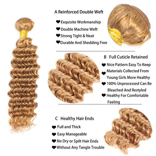 Condescension Brazilian Human Hair Bundles 20 22 24 Inch Deep Wave 3 Bundles Human Hair 100% Unprocessed Remy Brazilian Virgin Weave Hair Honey Blonde 27 for Women