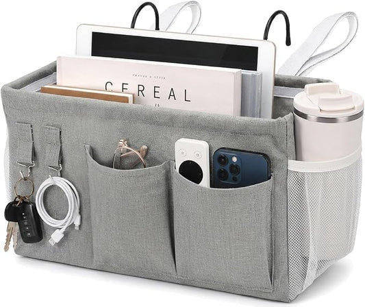 1pc Bedside Caddy Organizer with Hooks, No-Sagging Canvas Hanging Bed Pocket with Water Bottle Holder, Bedside Storage for Dorm Room Essentials, Bunk Bed Accessories, Hospital Bed Rails & Crib (gray)