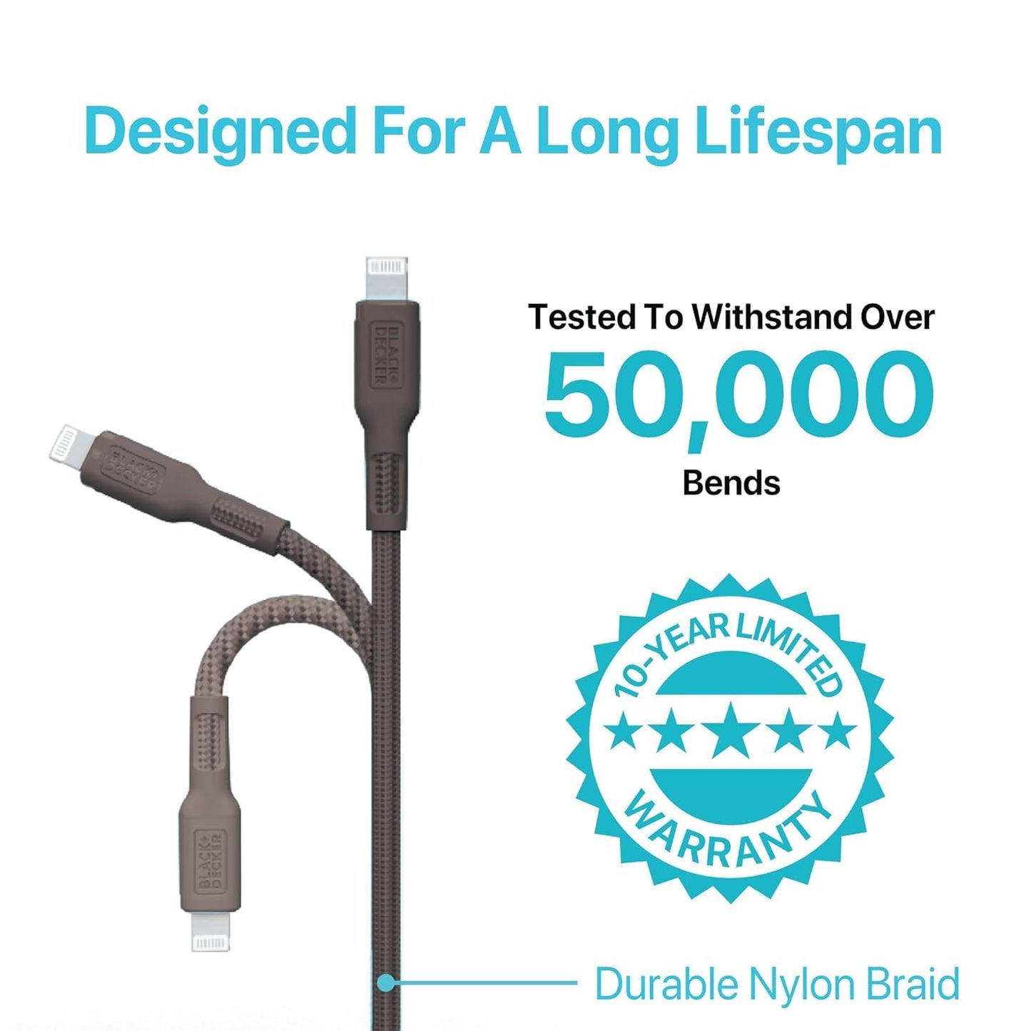 BLACK+DECKER Lightning to USB Cable - Fast Compatible iPhone Lightning Cable - Durable Braided iPhone Charger Cord - for Travel and Daily Use - Multiple Color + Length Options - 3ft