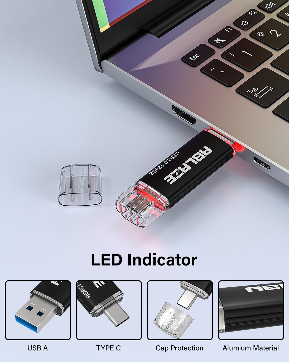 ABLAZE USB C Flash Drive 128GB 2 Pack, Dual USB 3.0+Type C Flash Drive Compatible with iPhone 16/15, Android Smartphone, Computer,Tablet Mac Laptop (2 Pack)