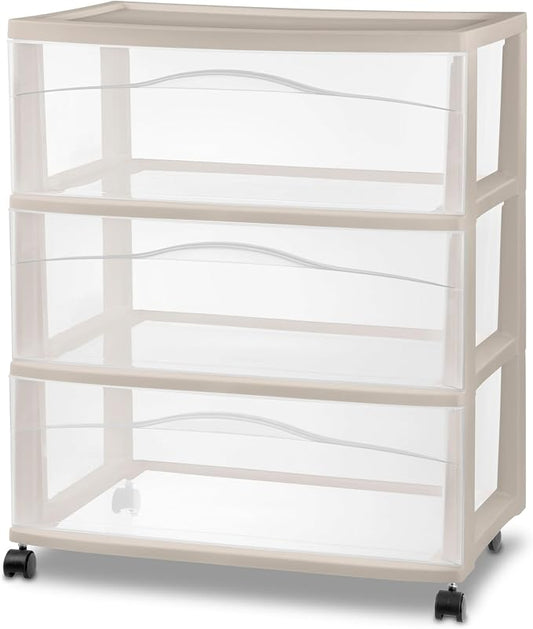 Sterilite Wide Storage Cart, 3 Clear Drawer Plastic Organizer with Wheels, Grey Pumice Frame - Rolling Unit for Craft Supplies or Home Accessories