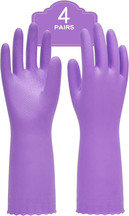 PACIFIC PPE 4 Pairs Reusable Dishwashing Cleaning Gloves with Latex Free, Cotton Lining, Kitchen Gloves, Purple, Small