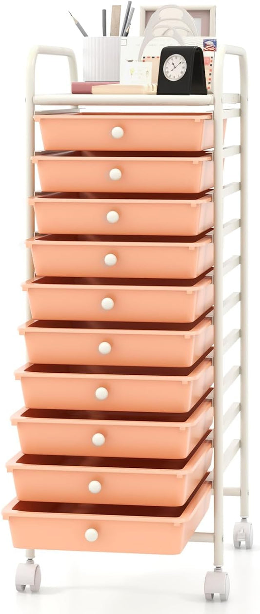 MEDIMALL 10 Drawers Rolling Storage Cart, Multipurpose Craft Storage Cart with Wheels, Mobile Tools Scrapbook Paper Organizer Cart for Office School Home Use