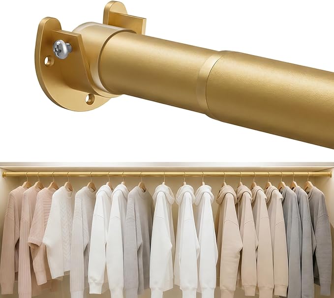 Heavy Duty Closet Rod, 17-69 IN Closet Rods for Hanging Clothes, Gold | Stepless Adjustable, Supports up to 66 lbs, Multiple Size Options, Easy Installation, Multi Purpose , Wall-Mounted