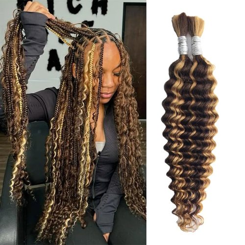 Human Braiding Hair For Boho Braids P4/27# Balayage 24 Inch 100g/2Bundles 12A Deep Wave Bulk Human Hair For Braiding No Weft Wet And Wavy Human Hair Extensions For Braids