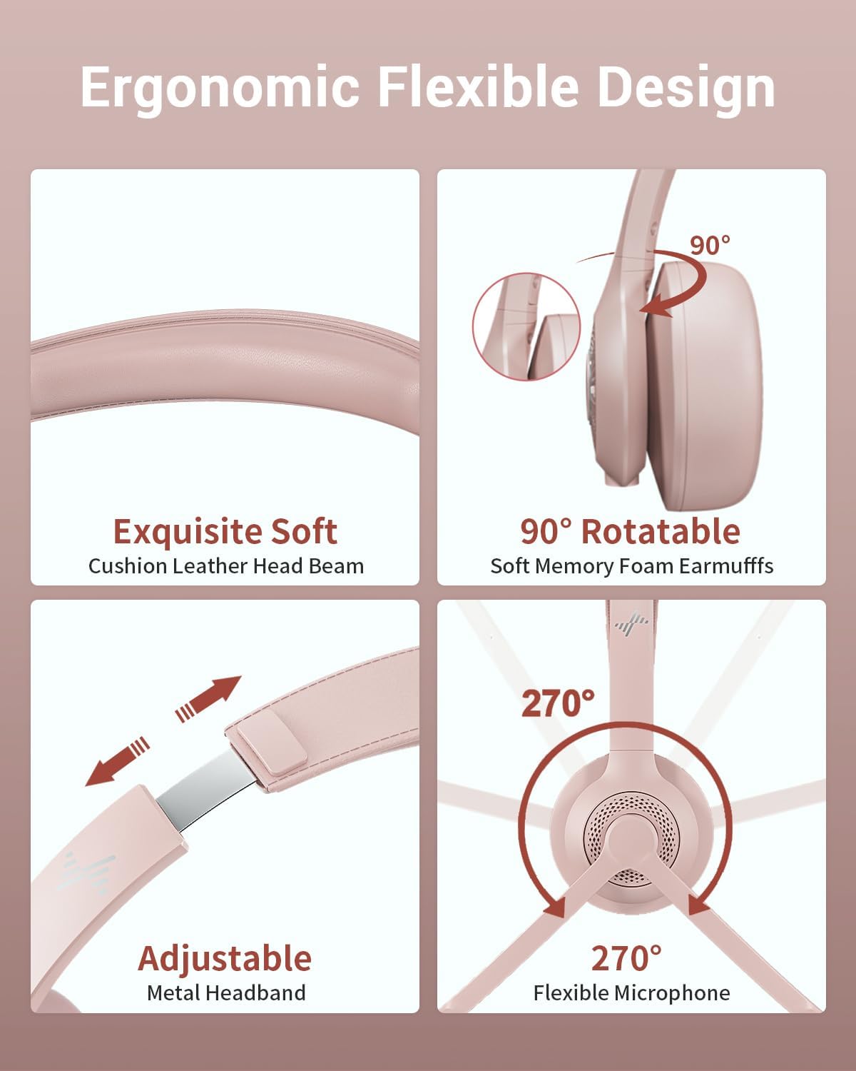 Wireless Headset with AI Noise Cancelling Microphone Bluetooth Headset - Bluetooth V5.2 Headphones with USB Dongle, Charging Base & Mic Mute for Computer/Laptop/PC/iPhone/Android/Cell Phones (Pink)
