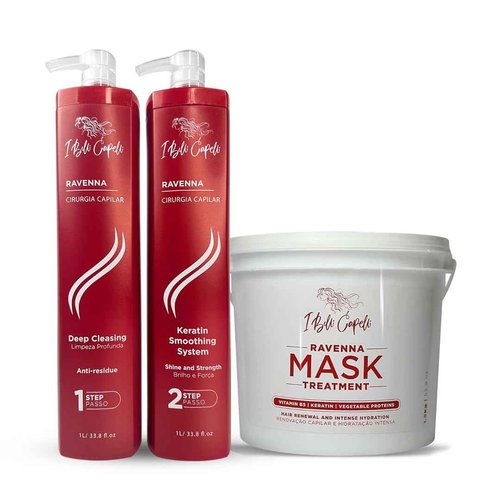 Ravenna Cirugia Capillar Kit - Shampoo + Hair Surgery System (1 Kg/35.2 fl oz) Formaldehyde-Free + Hair Mask for Damaged Hair (1,5 Kg/52.9 fl oz) - Straightening & Moisture for All Hair Types (3 Pack)