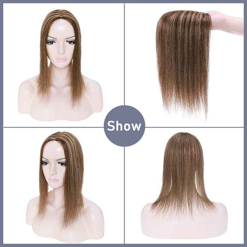SEGO Clip in Hair Topper for Women, No Bangs Remy Human Hair Toppers, Silk Base Top Wiglet Hairpieces for Hair Loss Thinning Cover Grey 4 Clips