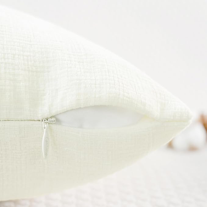 CaliTime Throw Pillow Covers Decorative 22 X 22 Inches Pack of 2 Cozy Chenille Cushion Cases for Couch Sofa Bed Living Room Home Cream