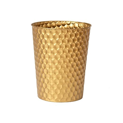 Venalys Small Metal Trash Can Wastebasket, Decorative Honeycomb Garbage Can Waste Basket, Modern Farmhouse Round Trash Bin for Bathroom, Bedroom, Kitchen and Office (Gold)