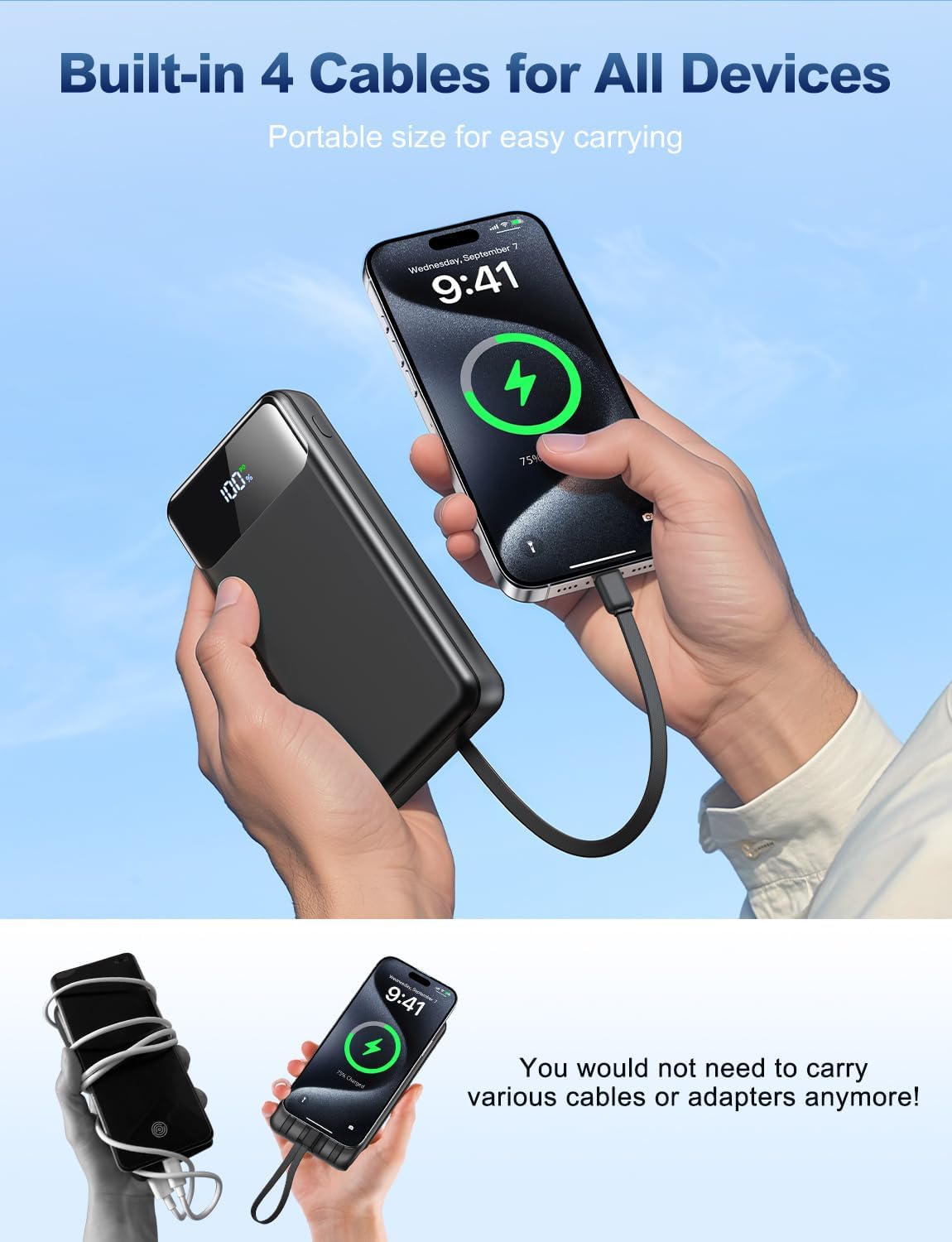 Portable Charger Power Bank 50000mAh Battery Pack, 22.5W Fast Charging PowerBank with Built in Cables,Travel Camping Essential USB-C Portable Phone Charger for iPhone Samsung Pixel Android iPad