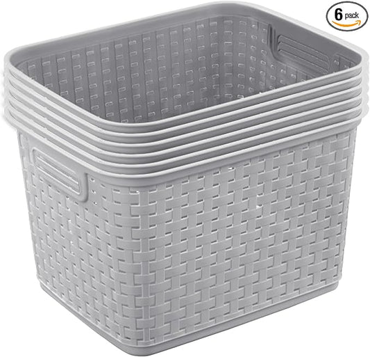 Sterilite 6-Pack Tall Weave Basket, Woven Plastic Storage Baskets for Organization, Cement Gray - Organizing Bin Containers with Handles for Bedroom, Bathroom, Dorm, Laundry Room, and Closet