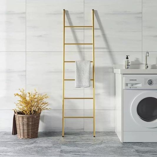 6-Tier Blanket Ladder 68 Inch Wall-Leaning Towel Rack for Living Room and Bedroom, Easy Assembly - Gold