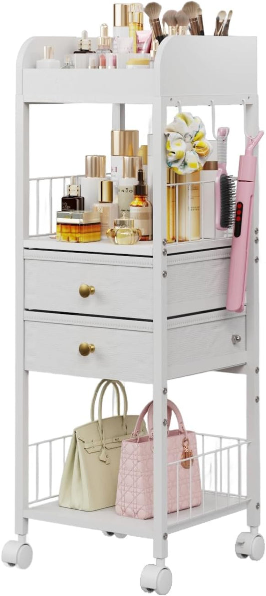 Makeup Organizer Cart with Drawers & 8 Dividers, Rolling Beauty Cart with Hooks for Cosmetics & Skincare, Space Saving Vanity Storage for Bathroom, Bedroom & Small Spaces (White)