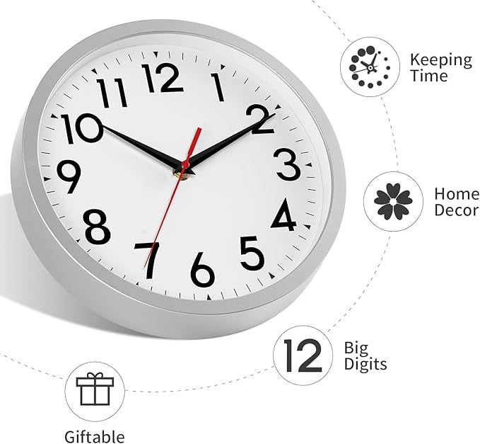 DAXSMY 12 Inch Wall Clock Battery Operated Silent Non Ticking Analog Modern Decorative for Office Kitchen Outdoor Living Room Classroom Bedroom Bathroom School(Silver)