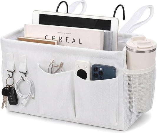1pc Bedside Caddy Organizer with Hooks, No-Sagging Canvas Hanging Bed Pocket with Water Bottle Holder, Bedside Storage for Dorm Room Essentials, Bunk Bed Accessories, Hospital Bed Rails & Crib (white)