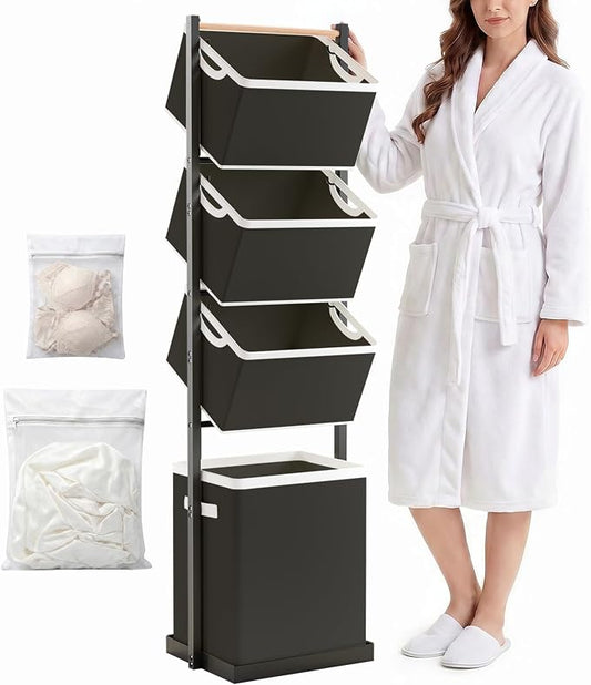 4-Tier Laundry Hamper Sorter, Vertical Laundry Sorter with Removable Basket, Stackable Laundry Cart Organizer and Storage 125L for Small Space, Dorm, Closet, Bathroom Black