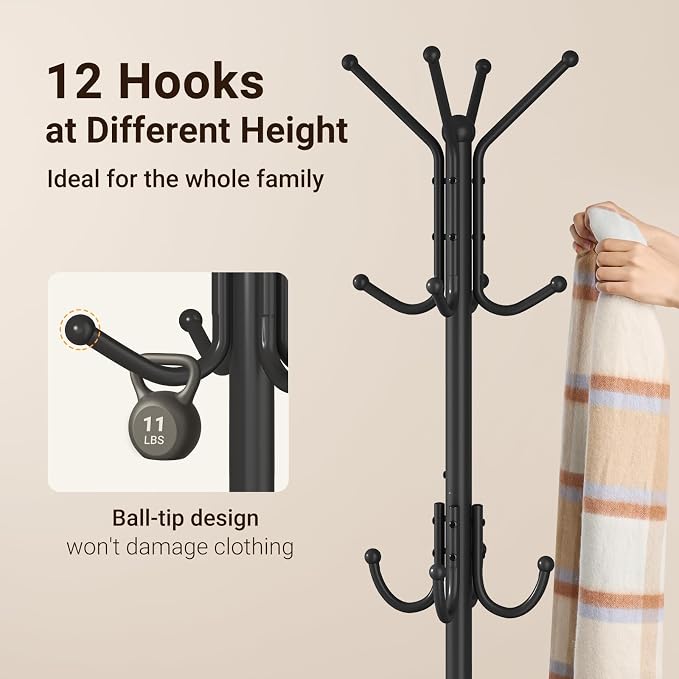 ELYKEN Coat Rack Freestanding, Coat Tree with Umbrella Holder, Metal Coat Rack Stand with 12 Hooks, Modern Standing Coat Hanger Stand, Hall Tree for Entryway Living Room Bedroom Office, Black