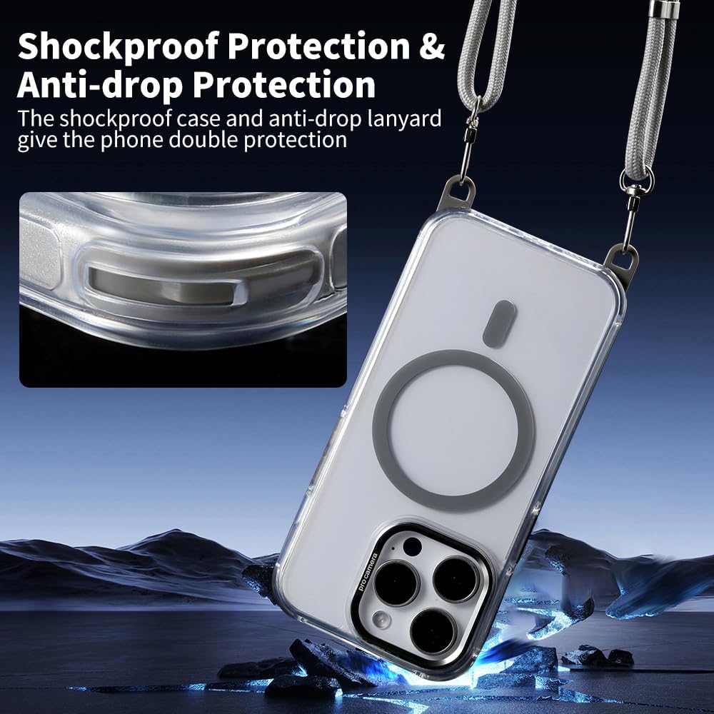 for iPhone 15 Pro Case with 62.99 inch Lanyard, Classic Clear&Gray Magnetic Phone Case, Drop&Shockproof Protection Cases, Phone Lanyard for Around The Neck, Compatible with Magnet Accessory