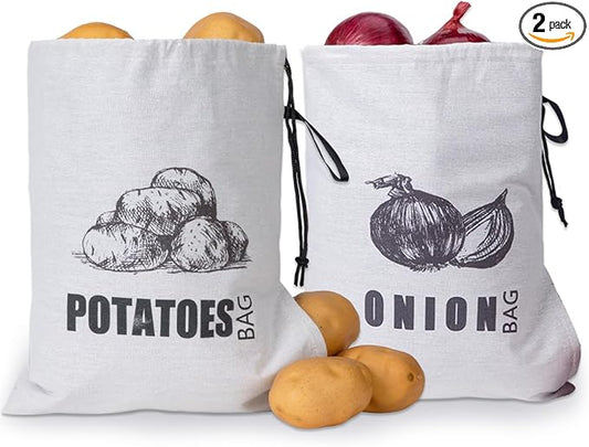 TOGETRUE Potato Onion Storage Bag, Fabric Onion and Potatoes Storage Bag, Washable Garlic Potatoes Onions Keeper with Drawstring for Pantry, 2 Pack (Potato Onion Bag)