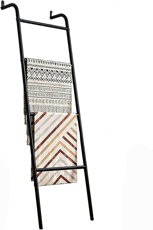 Blanket Ladder, 4 Tier Ladder Shelf 5 FT Decorative Ladder Shelf Stand, Decorative Wall Leaning Farmhouse Quilt Display Holder Dust-proof Metal Towel Rack Holder for Living Room & Bedroom (Black)