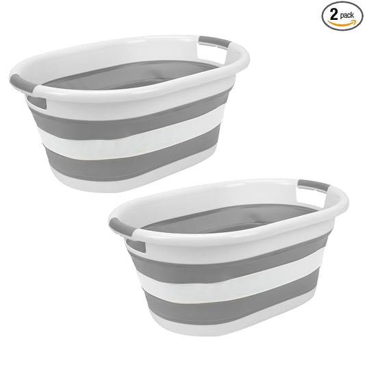 Laundry 360 2pk Collapsible Laundry Basket | Portable | Space Saver Storage | Hold 2 Loads | Store Under the Bed or Closet | Good for Kids | Dorm | Bedroom | Large | White/Grey