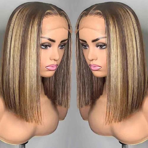 4/27 Highlight Bob Wig Human Hair Straight 13X4 Highlight Bob Lace Front Wigs Human Hair Wear and Go Glueless Wig Pre Plucked 14 Inch Ombre Brown Honey Blonde Hd Lace Frontal Wigs For Black Women
