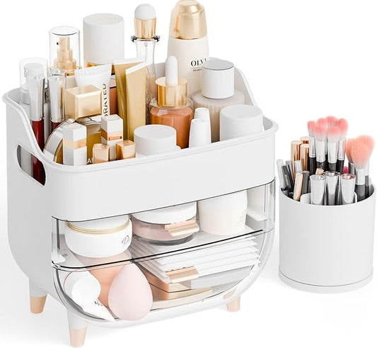 Yieach White Make up Organizer for Countertop,Vanity,Large Capacity Bathroom Makeup Skincare Organizers With Brush Holder,Makeup Storage Organizer for Lotion,Beauty Products,Skin Care,Makeup Display