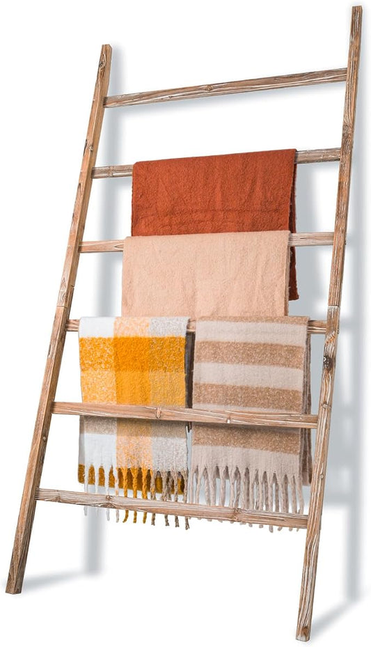 Blanket Ladder Shelf 6.4FT, 38 inch Wide Solid Wooden Blanket Ladder for Living Room, 6-Layer Farmhouse Rustic Quilt Rack for Living Room Bathroom