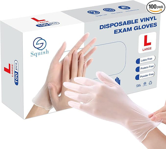 squish Disposable Gloves, 100 Count 4 mil Clear Vinyl Gloves Latex Free Powder-Free Health Glove Cleaning Rubber Glove for Kitchen Cooking Cleaning Food Handling, Large