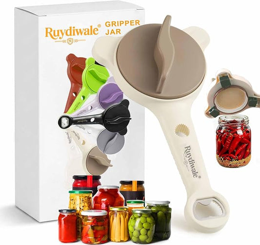 4-in-1 Jar Opener, Adjustable Jar Opener for Seniors, Kitchen Tool Designed Specifically for Seniors and Those with Limited Physical Strength, Suitable for Beer, Salad Dressing, Jar (Beige)