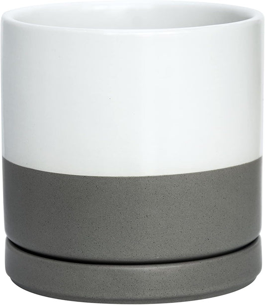 D'vine Dev 6 Inch Ceramic Planter Pot with Drainage Hole and Saucer, Indoor Cylinder Round Flower Pot, White/Speckled Grey, 94-O-C-6