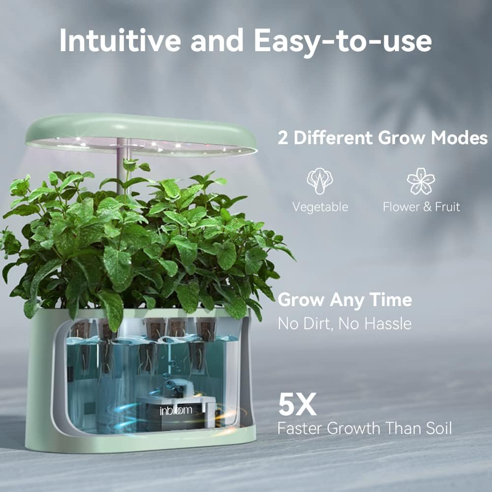 inbloom Hydroponics Growing System Kit Indoor Garden with LED Grow Light and Pod Kit, Plants Germination Kit for 5 Pods, Mufga Hydroponics Garden, Height Adjustable, Gardening Gifts(Green)